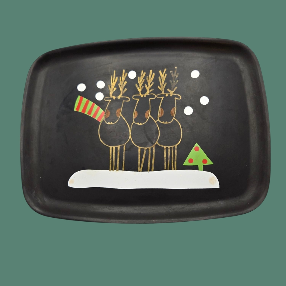 MCM Vintage Couroc Serving Tray Festive Reindeer Christmas